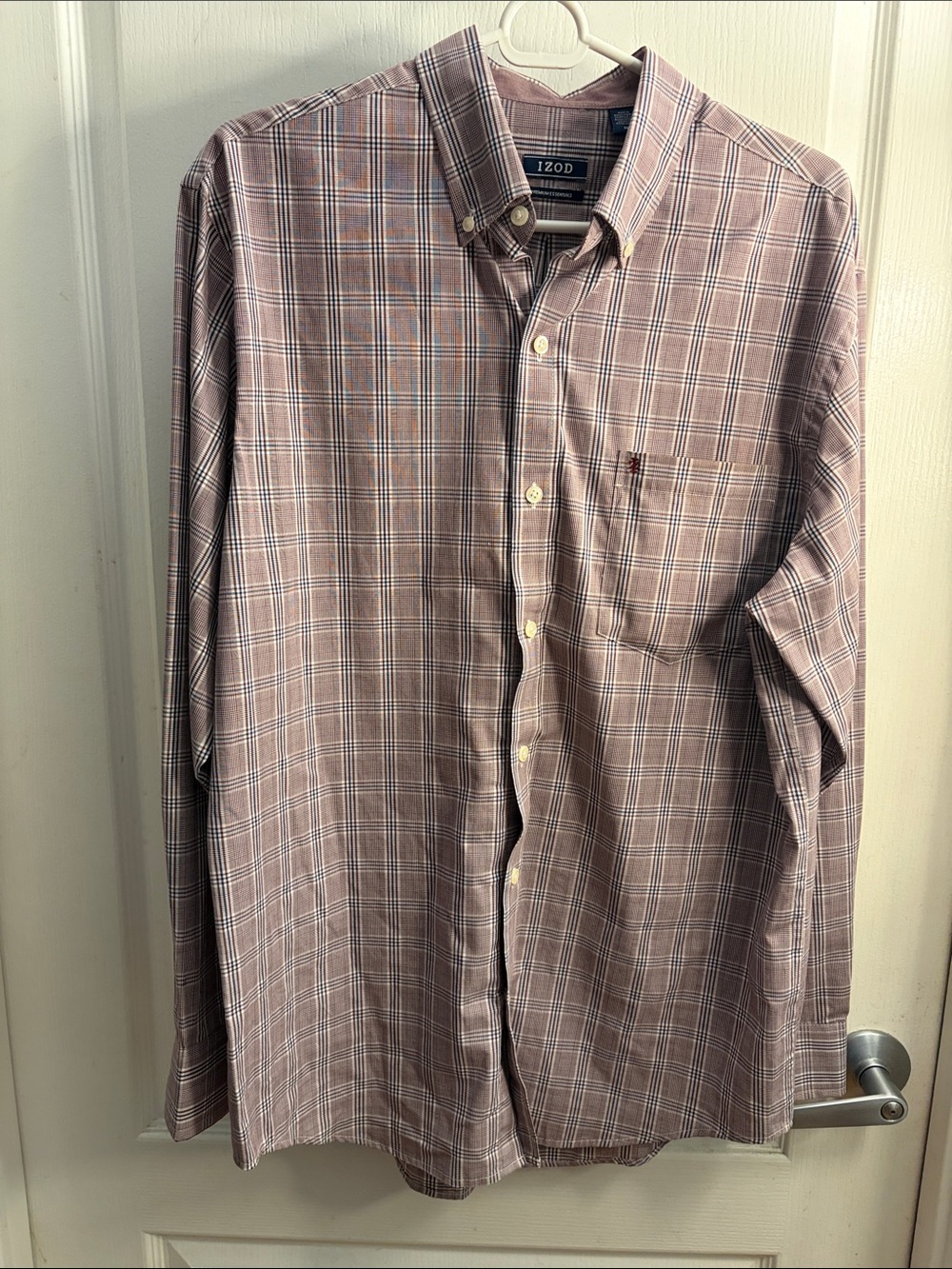 Izod Men's Burgandy and White Plaid Button-Down Shirt